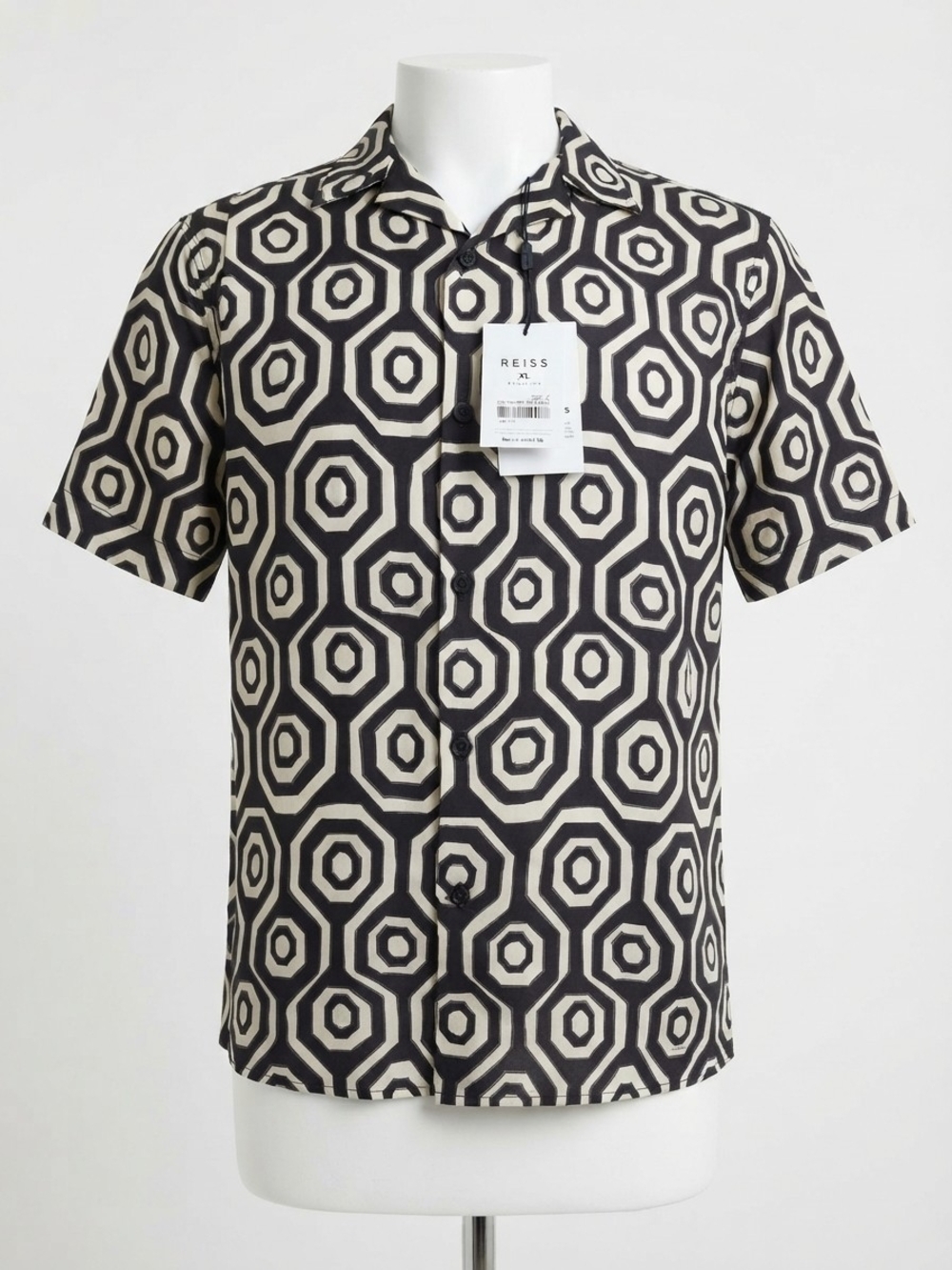 REISS Black White Geometric Print Short Sleeve Button Down Shirt XL NWT